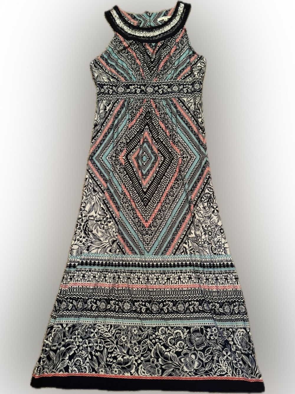 Studio One Sz Large Petite Sleeveless Boho Maxi Dress in Black, Coral & Teal